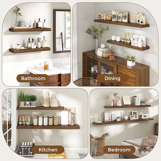 RICHFOCUS Live Edge Wood Floating Shelves for Wall 48" Natural Solid Wood Wall Mounted Shelf|8 Inch Deep Wooden Floating Shelves with Invisible Bracket for Bathroom Kitchen Room|1Pcs, Walnut