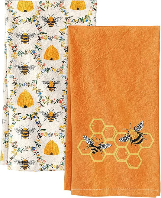 Miss Adola 2 Pack Flour Sack Kitchen Towels - 16x26 Inch Cotton Dish Towels with Hanging Loop Reusable Geometric Boho Modern Retro Tea Towel Absorbent Dishcloths Home Decor, Orange Bee