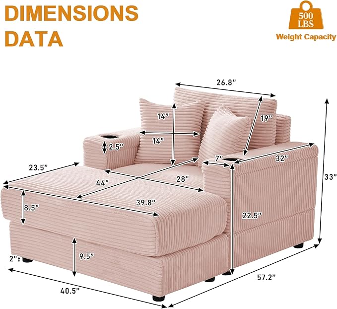 Oversized Chaise Lounge Chair Indoor with Adjustable Backrest, USB, Cup Holder & Ottoman, Firm Solid Wood Frame with Long Service Life Corduroy Oversized Lounge Reading Chair for Study Room - Pink