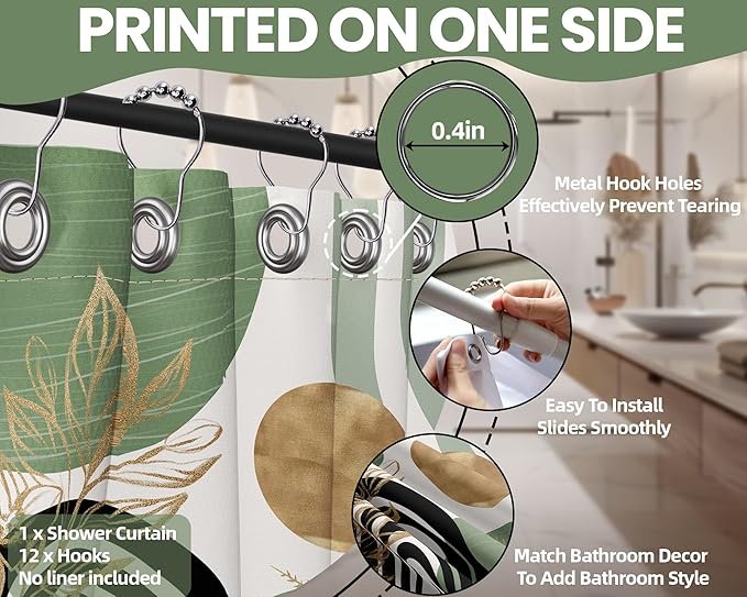 Sage Green Shower Curtain Boho Mid Century White and Light Green and Black Shower Curtains for Bathroom Decor, Waterproof Cloth Fabric with Hooks, 70" W x 84" L