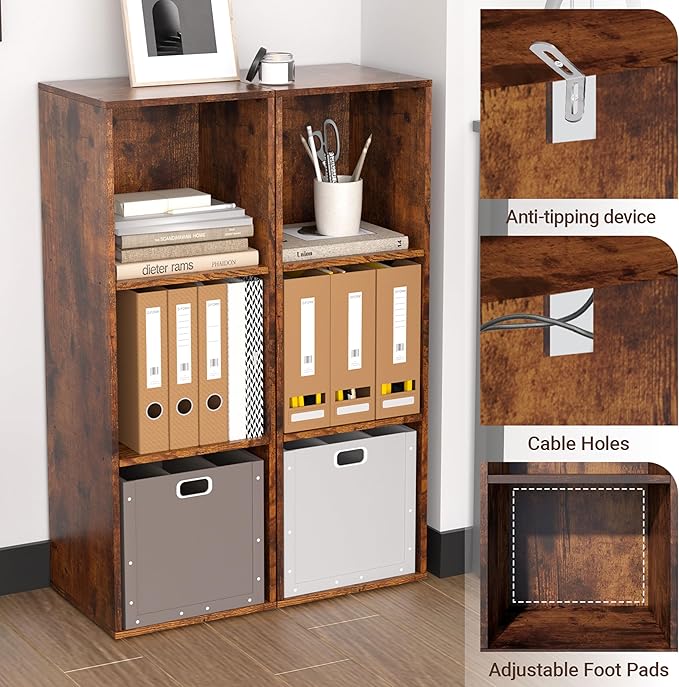 3 Cube Storage Organizer, 3 Tier Cube Low Bookcase Freestanding Storage Display Organizer, Three-Cubes Open Shelf Bookshelf for Home Office (Retro Brown, 3-Cube)