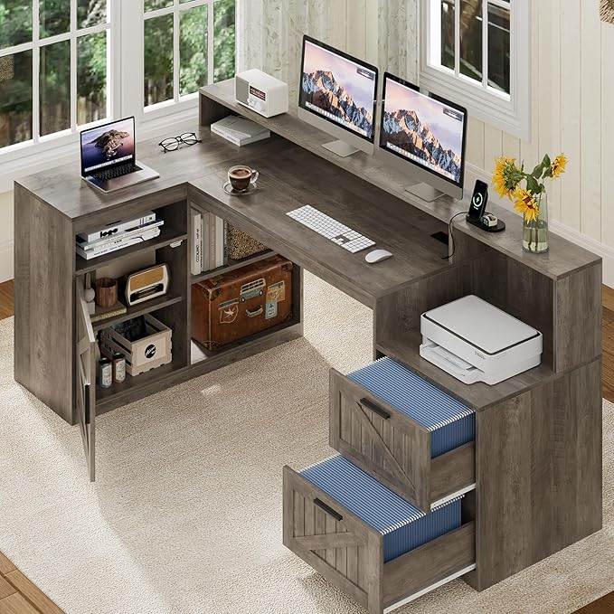 TVU Farmhouse L Shaped Desk with Drawers, 62.2" Home Office Desk with Storage Shelves and Power Outlet, L Shaped Computer Desk with Monitor Stand and Printer Shelf, Gray