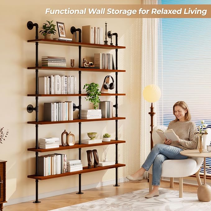 6 Tier Industrial Ladder Shelf Bookcase, Wall Mounted Rustic Bookshelf for Living Room Decor and Storage (Walnut Color, 6 Tier - 10" D x 60" W x 82.5" H)