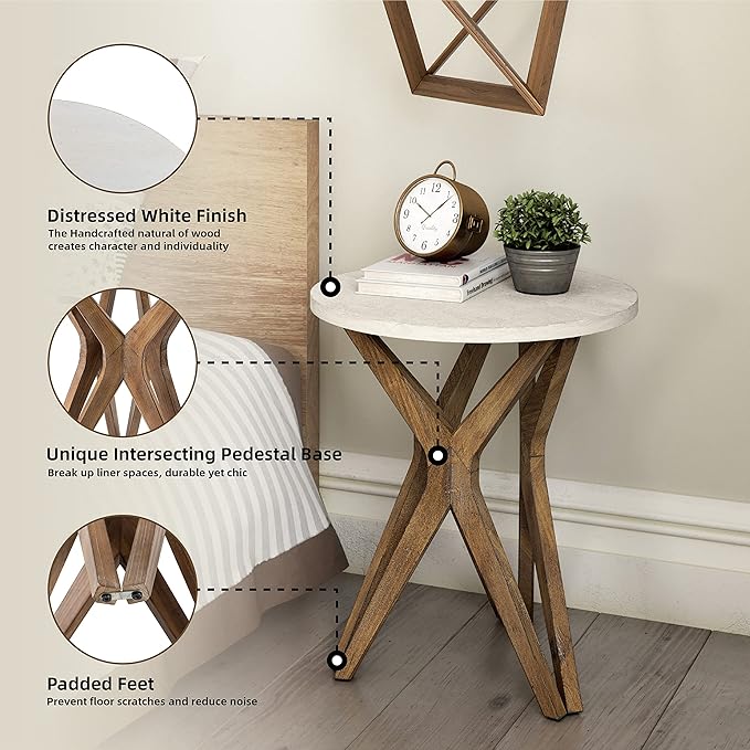 LONYKE Pedestal Farmhouse End Table, Distressed Top with Tripod Base Bedside Table for Living Room, Modern, Boho Decor, Round (1 Pack, White & Walnut)