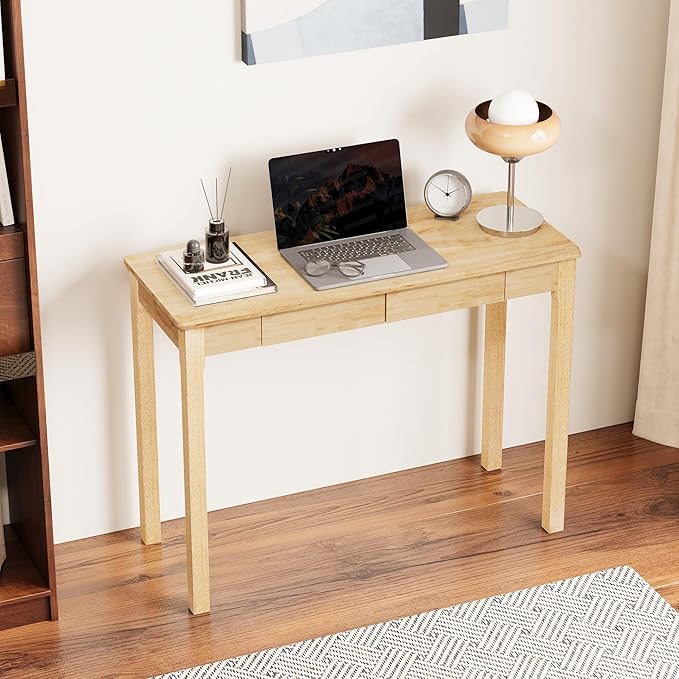 Solid Wooden Desk with Drawers - 39 x 16 Inch Rubberwood Narrow Desks, Simple Modern Study Table, Small Writing Desk for Bedroom|Small Spaces - Natural Boho Desks