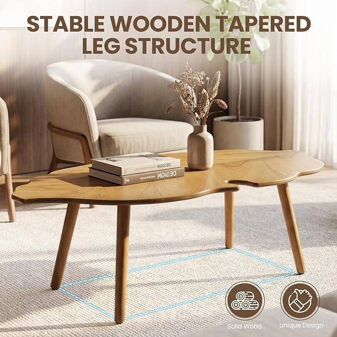 DUOMAY Mid-Century Modern Small Coffee Table, Solid Leaf-Shaped Wood Coffee Table for Living Room, Easy Assembly Center Table End Table with Wood Leg, Side Table for Bedroom Small Space, Natural