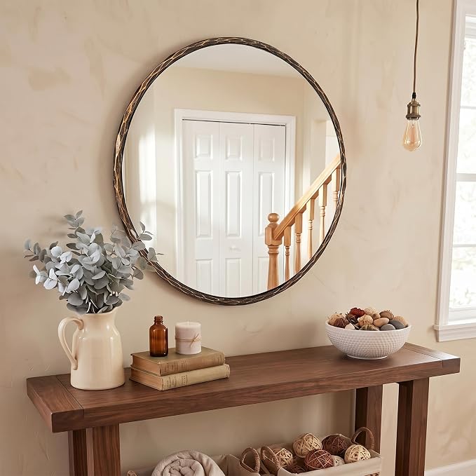 ANDY STAR Hand-Forged Bronze Round Bathroom Mirror, 32 Inch Antique Oil Rubbed Bronze Circular Mirror, Solid Steel Hammered Frame, for Wall Decor, Vanity, Entry, Fireplace, Mantle