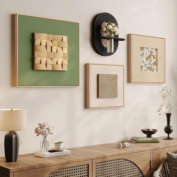 Large Framed 3D Wall Art for Living Room, 4 Piece Textured Wood Abstract Paintings Artwork for Walls, Minimalist Green Beige Geometric Pictures Wall Art Decor Set for Dining Room, Hallway, Office