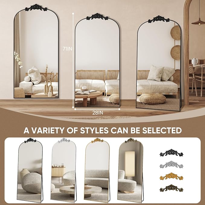 Antok Arched Full Length Mirror, 71"x28" Floor Mirror with Carved, Full Body Mirrors for HomeDecor, Standing/Halling Large Wall Mirror for Bedroom, Living Room, Cloakroom, Black, Retro Style