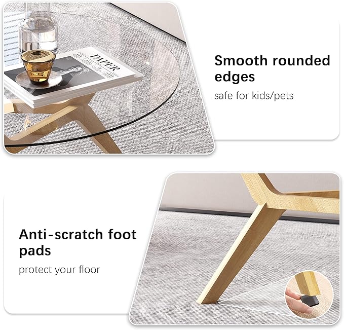 Glass Coffee Table - Round Coffee Table with Clear Tempered Glass Top, Modern Low Minimalist Center Table, Sturdy Solid Wood Coffee Table for Living Room Home Office, Wood