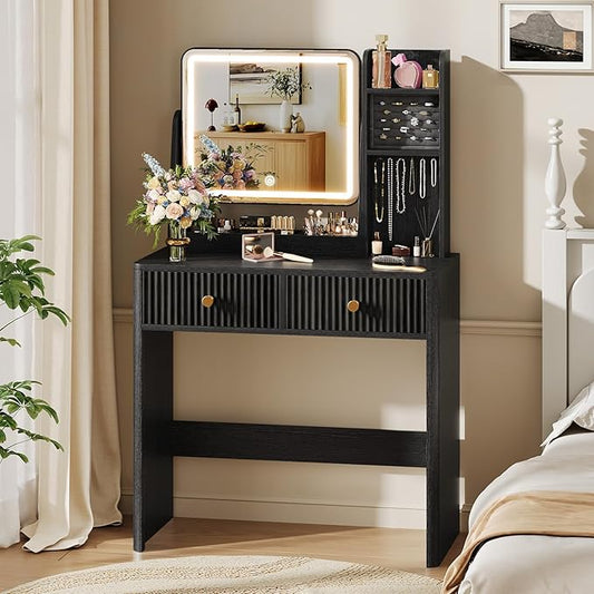Fluted Vanity Desk with Mirror and Lights, Small Makeup Vanity with 2 Drawers and Jewelry Storage Cabinet, 3 Lighting Modes Adjustable Brightness, Dressing Table for Bedroom - Black