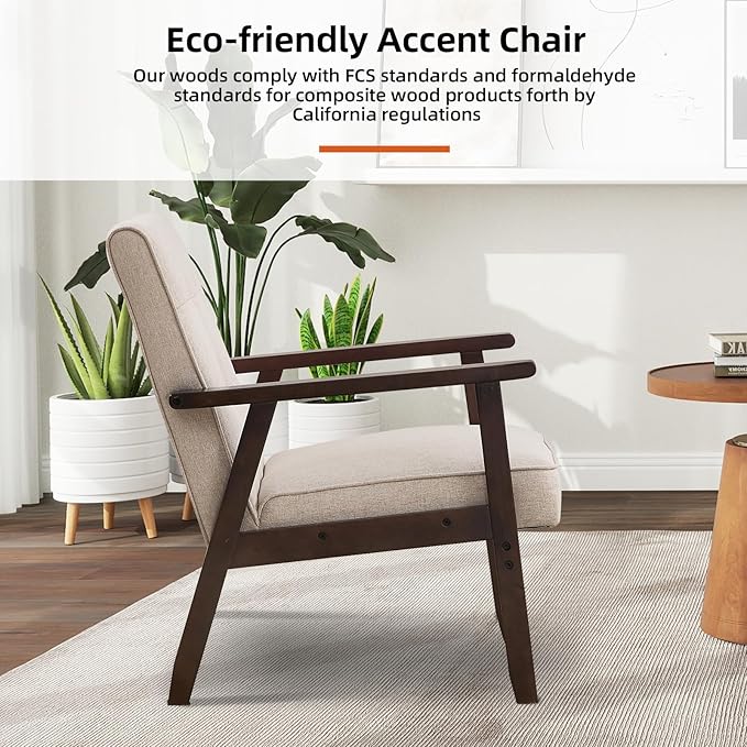 IOMOR Accent Chair Mid Century Modern Chair for Living Room, Comfy Fabric Armchair with Solid Wood Frame Soft Thick Padded, Side Chairs Easy Assembly (1, Fabric Beige)