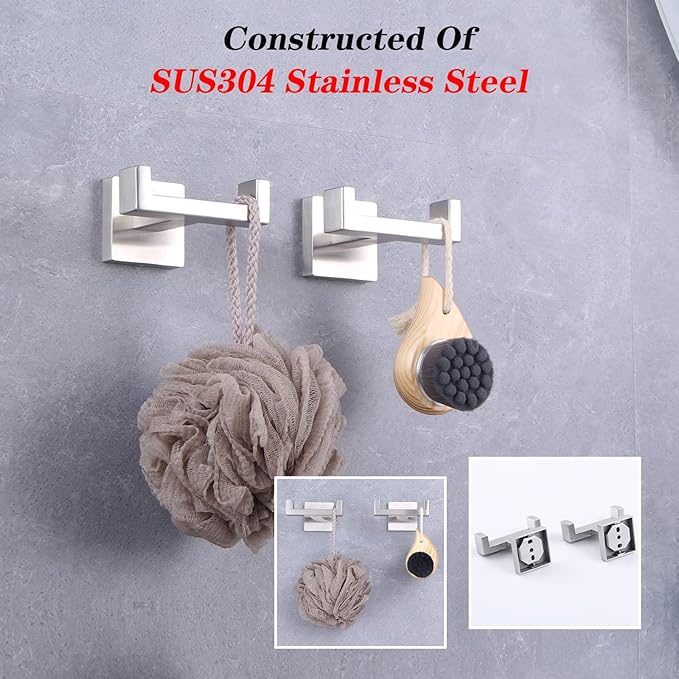 GERZWY Brushed Stainless Steel Coat/Robe Clothes Hook for Bath Kitchen Modern Hotel Style, Bathroom Double Towel Hook Wall Mounted 2 Pack AG1417B-LS