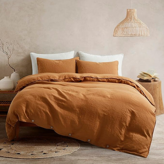 ATLINIA 100% Flax Linen Duvet Cover Set - Stone Washed Pure French Linen Organic Fabric for Farmhouse Comforter Boho Bedding Included 1 Duvet Cover 2 Pillow Shams(Rust, California King)