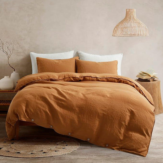 ATLINIA 100% Flax Linen Duvet Cover Set - Stone Washed Pure French Linen Organic Fabric for Farmhouse Comforter Boho Bedding Included 1 Duvet Cover 2 Pillow Shams(Rust, King)