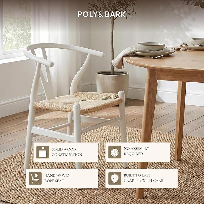 Poly & BARK Weave Dining Chairs – Mid-Century Modern Wishbone Dining Chairs with Arms, Solid Wood Frame, Indoor Use – White – Set of 2 - Ideal for Dining Room, Kitchen or Stylish Accent Setting