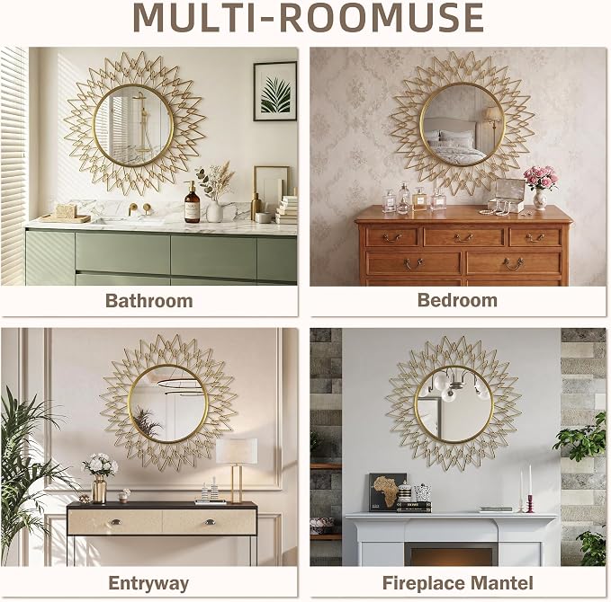 Gold Sunburst Round Wall Mirror 36", Decorative Circle Metal Frame Mirror, Large Decorative Circular Mirror for Living Room Wall Decor
