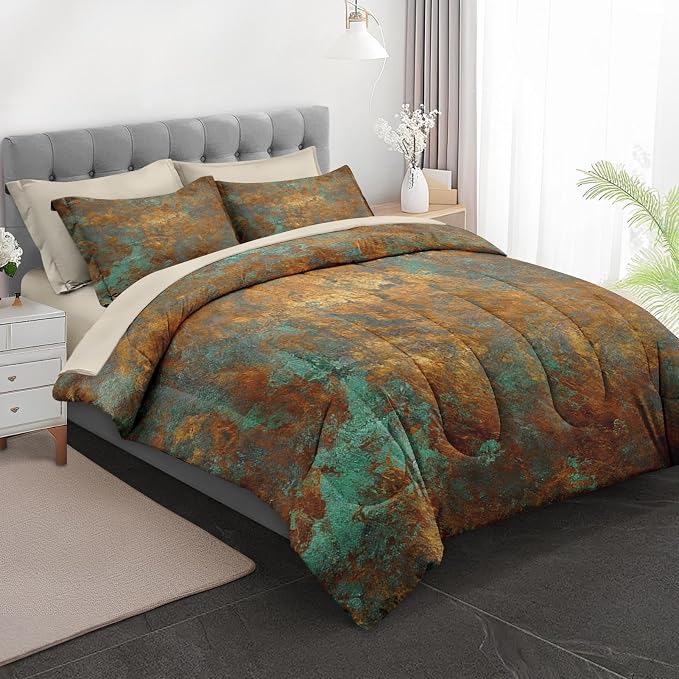 7Pcs Comforter Set Full Size, Teal Brown Bronze Copper Gradations Abstract, Bedding Decor Orange Rust Brass Metallic Bedroom Bed Set Flat Sheet Fitted Sheet Pillowcases Shams for Kids Adults