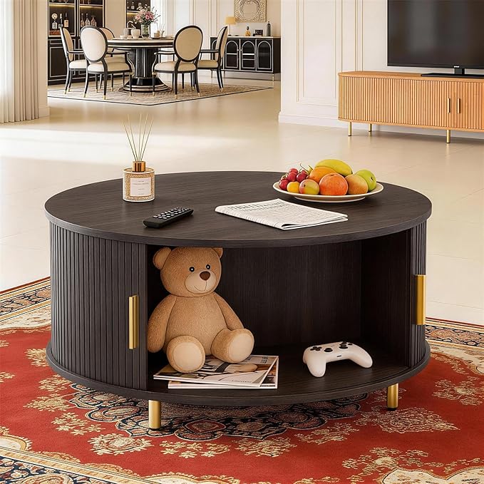 DHH Round Coffee Table, 31.5" Mid Century Modern Coffee Table with 360° Sliding Tambour Door, Fluted Accent Coffee Table with Storage Adjustable Footpads for Living Room (Coffee)