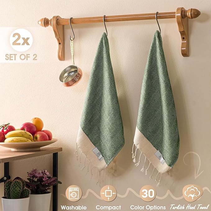 Hand Towels - Set of 2 | 18" x 30" - Decorative Turkish Hand Towel for Bathroom, Kitchen, Guest, Face, Hair, Tea, Dishcloth (Herringbone, Apple Green)