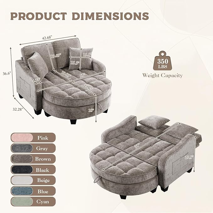 Oversized Curved Chaise Lounge Chair Indoor with Ottoman, 54.8" Cloud Boneless Reading Chair Soft Chenille Circle Couch w/Adjustable Backrest for Living Room, Apartroom, Bedroom, Brown