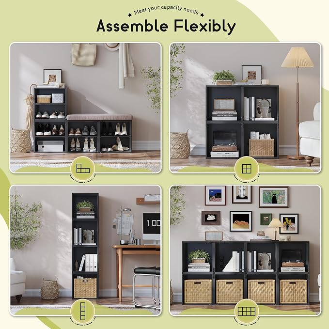 Homkdom 4 Cube Storage Organizer, DIY Book Shelf with Open Shelves, Stackable Cube Bookcase with Anti-Tip Design, Bedroom, Office, Dorm, Black