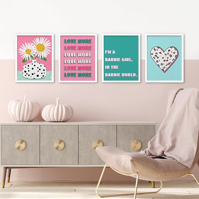SIGNWIN Framed I'm a Barbie Girl in The Barbie World Wall Art, Set of 4 Heart, Chrysanthemum Illustration Wall Decor Prints, Preppy Room Decor Wall Décor for Living Room, Bedroom - 12"x16" White