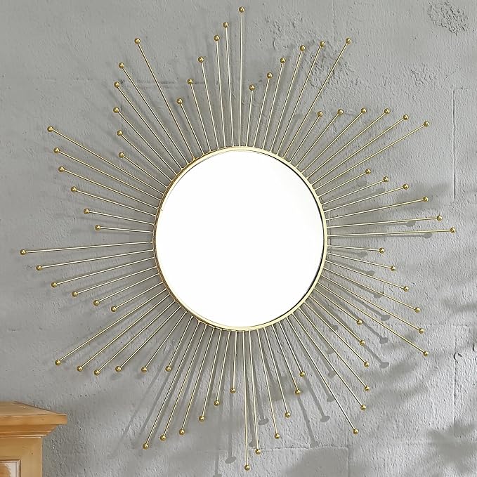 Large Gold Sunburst Mirror - 31" Starburst Wall Mirror with 12" Round Glass, Mid-Century Modern Elegant Gold Sun Mirrors for Living Room, Bedroom, Entryway Decor