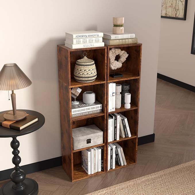 Wooden 4 Cube Storage Organizer, 4 Tier Storage Cubes Storage Display Cubby, Freestanding DIY Closet Shelving Unit for Living Room Bedroom Office(Retro Brown, 4 Cube-W(11.8inch)