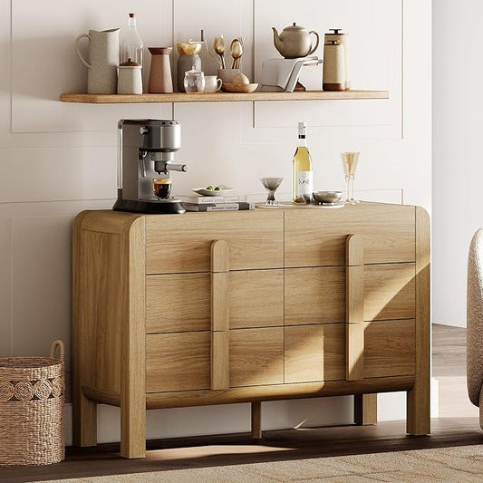 WAMPAT 47.2" W Buffet Cabinet with 6 Drawers, Modern Sideboard Buffet Cabinet with Storage, Buffet Table Coffee Bar Wine Bar Storage Cabinet for Dining Room, Living Room, Hallway, Light Walnut