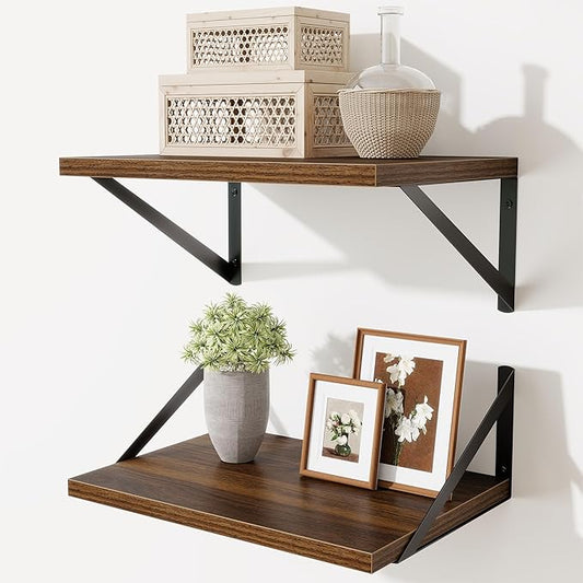 Deep Floating Shelves,16" Wx10 D Floating Shelves for Wall Set of 2,Heavy Duty Wood Floating Shelf with Metal Bracket,Wall Mounted Hanging Shelf for Living Room Bedroom Bathroom Kitchen,Walnut