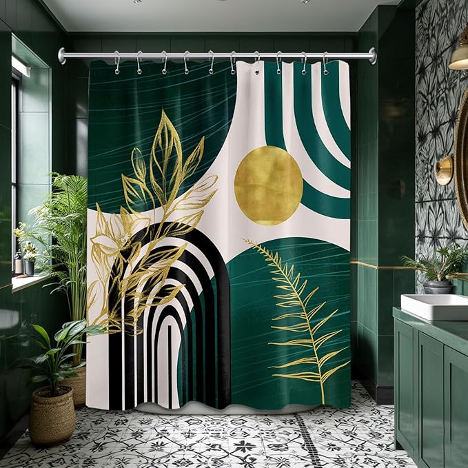 Dark Green Shower Curtain Boho Mid Century Modern Emerald Hunter Green and Gold Shower Curtains for Bathroom Decor, Waterproof Cloth Fabric with Hooks, 60" W x 72" L