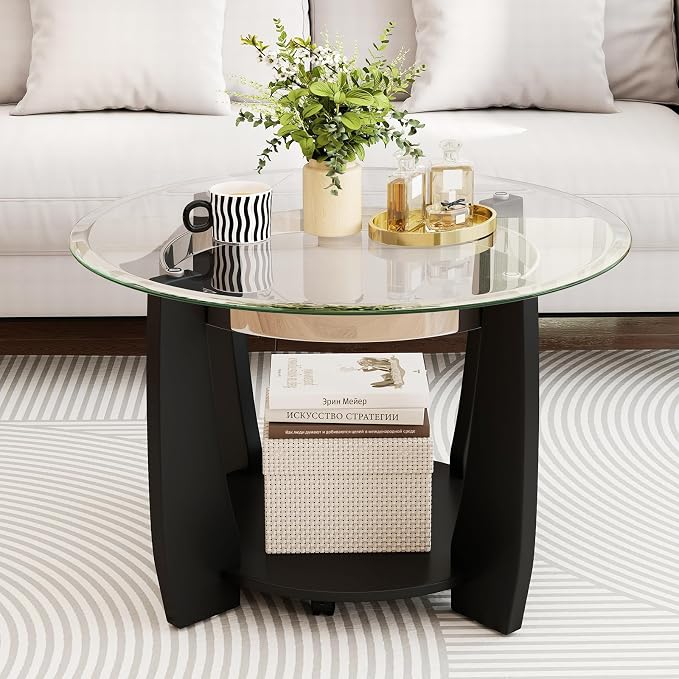 GOFLAME Glass Coffee Table with Storage, 32” Rolling Round Center Table with Tempered Glass Top, Solid Rubber Wood Legs, Wheels, Mid-Century Modern, 2-Tier Circle Tea Tables for Living Room (Black)