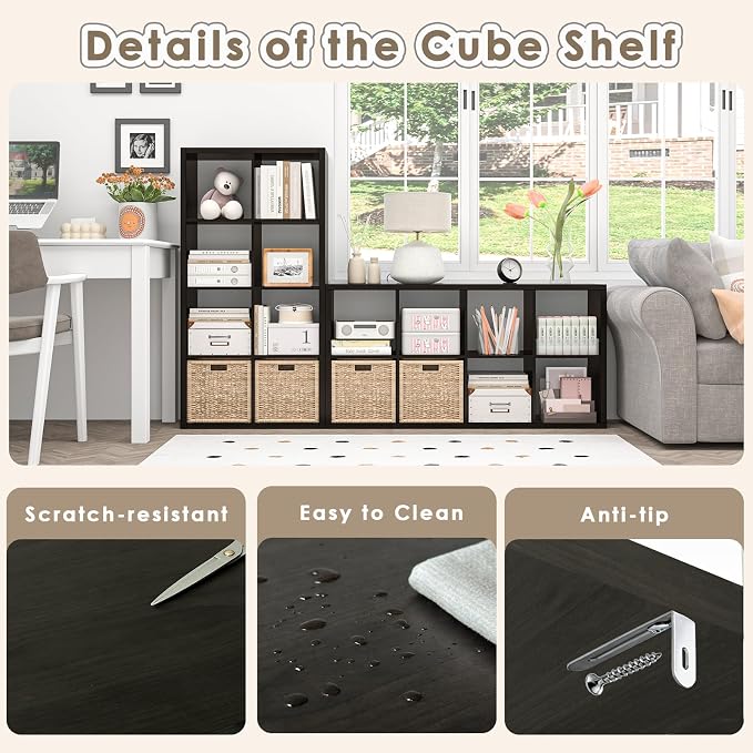 Endearing Limons【2026 Wooden Thick Border 8 Cube Shelf Storage Organizer with Anti-Tipping Kits + Reversible Open Back Bookcase (11 x 11 Unit Cell Chocolate)