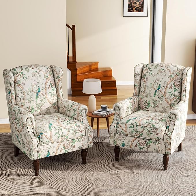 High Back Accent Chairs Set of 2, Fabric Upholstered Armchair Floral Wingback Chair for Living Room, Comfy Single Sofa Solid Wood Legs Bedroom Reading Seat - Pattern Bird