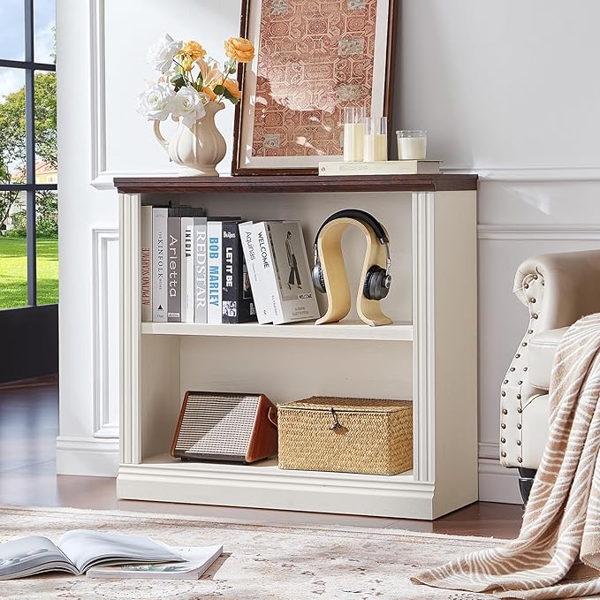 RWYHG 30" White Bookshelf,2-Tier Thick Wooden Book Shelf with Adjustable Shelves,Free Standing Farmhouse Bookcase with Open Display Storage,Floor Vintage Bookshelves for Living Room,Office