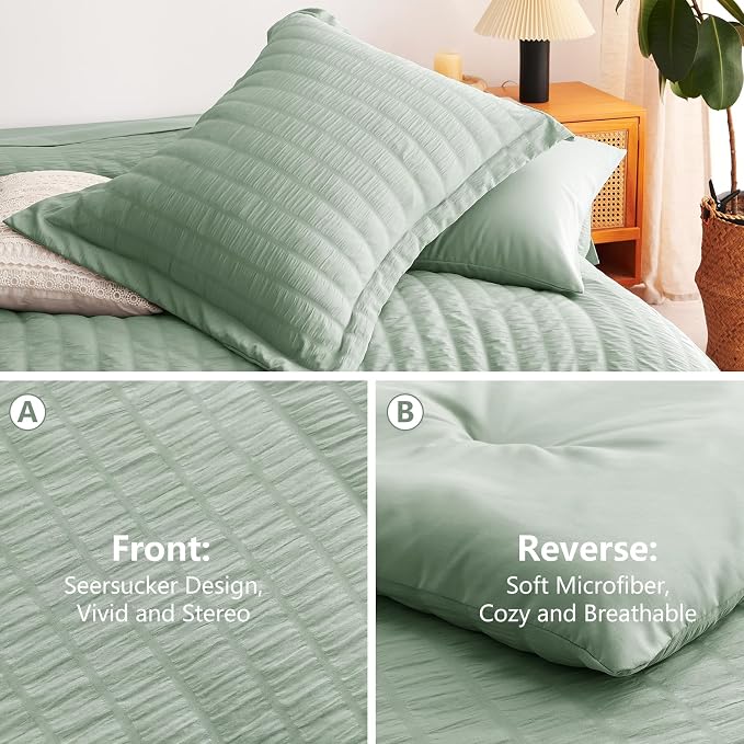 CozyLux Queen Comforter Set Sage Green, 7 Pieces Seersucker Textured Luxury Bed in a Bag Queen, All Seasons Soft Bedding Sets with Down Alternative Comforter, Sheets, Pillowcases & Shams, Home Gift