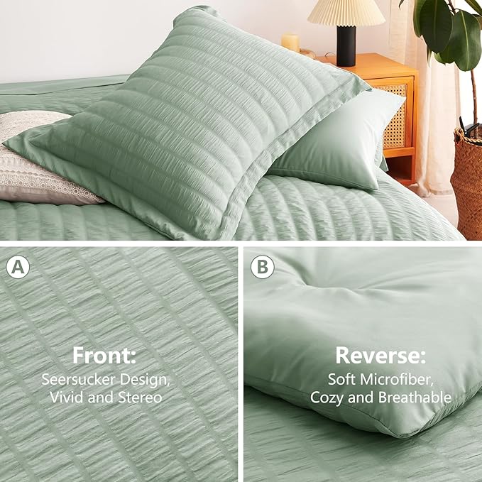 CozyLux King Size Comforter Set Sage Green, 7 Pieces Seersucker Textured Luxury Bed in a Bag, All Seasons Soft Bedding Sets with Down Alternative Comforter, Sheets, Pillowcases & Shams, Home Gift