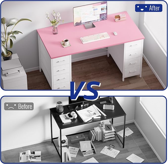 Pamray 47 Inch Computer Desk with 8 Fabric Drawers PC Gaming Desk Home Office Study Work Writing Table for Bedroom Pink
