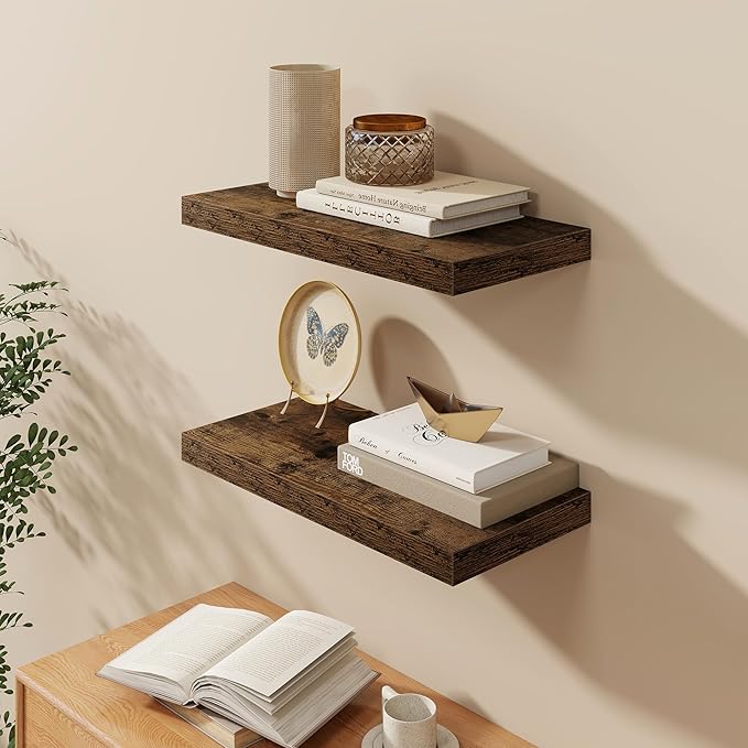 24"W x 9.3"D Floating Shelves for Wall, Wall Mounted Bathroom Shelves 2 Pack Deep Floating Shelf for Bedroom Kitchen Living Room, Rustic Wooden Wall Shelf with Invisible Bracket for Books Decor