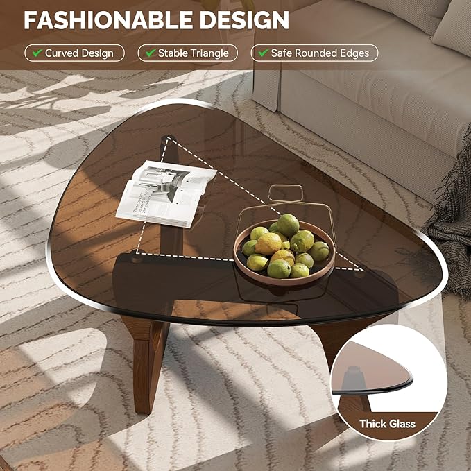 Modern Glass Coffee Table, Triangle Center Table with Tempered Glass Top& Unique Wooden Base, 42.5” Mid Century Tea Tables for Living Room, Apartment, Office,Walnut & Brown