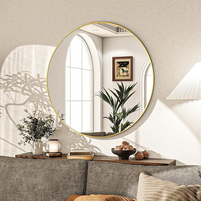 Round Mirror Wall Mounted Mirror - 28" Circle Mirror Bathroom Vanity Mirror with Aluminum Frame for Bedroom Living Room, Entryway Decor Gold Mirror
