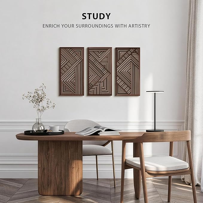 VIYYIEA Boho Solid Wood Carved Wall Art Set of 3, Geometric Minimalist Wooden Home Decor Panels, Handcrafted Solid Wood Wall Hanging for Living Room Bedroom Hallway, 16 x 8 Inch Each (Geometry II)