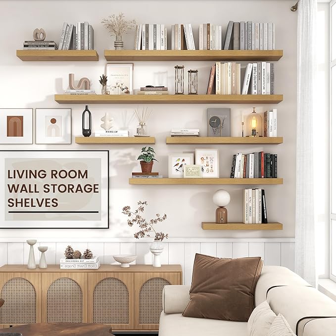 Floating Shelves for Wall, Engineered Wood Wall Shelves with Invisible Brackets for Living Room Bedroom Bathroom Office Kitchen Decor and Storage (Oak, 55" W x 9" D x 1.5" H) Set of 1