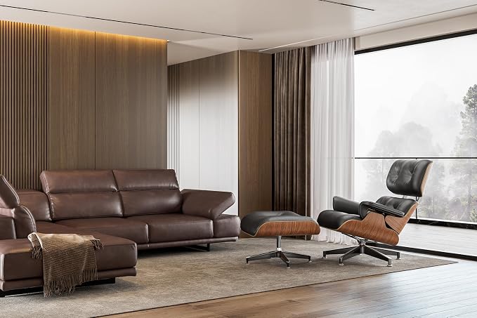 Luxury Top Grain Leather Mid Century Chaise Lounge Chair with Ottoman, Heavy Duty Base Support, Reading Chair, Modern Arm Chair, Leather Accent Chair for Living Room and Office, Walnut