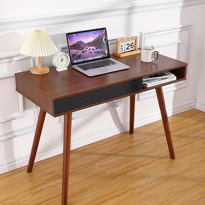 GarveeHome 42 in Mid Century Home Office Writing Desk, Modern Simple Computer Desk with Drawer and Open Storage Cubby, Small Vanity Table Desk for Bedroom, Walnut