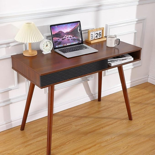 GarveeHome 42 in Mid Century Home Office Writing Desk, Modern Simple Computer Desk with Drawer and Open Storage Cubby, Small Vanity Table Desk for Bedroom, Walnut