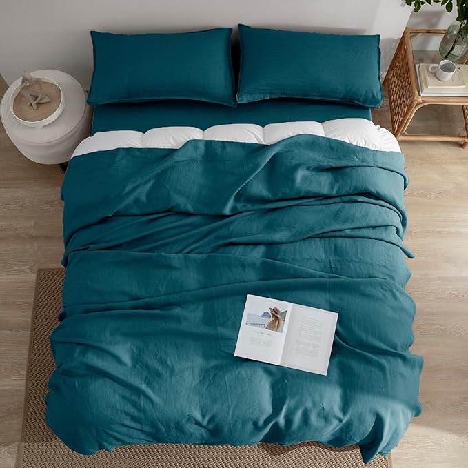 EVERLY Linen Queen Sheets Set, 100% Stonewashed French Linen Bed Sheets Deep Pocket Sheets, 4 Pieces (1 Flat Sheet, 1 Fitted Sheet, 2 Pillowcases) Natural Flax Bedding Set-Graphite Blue