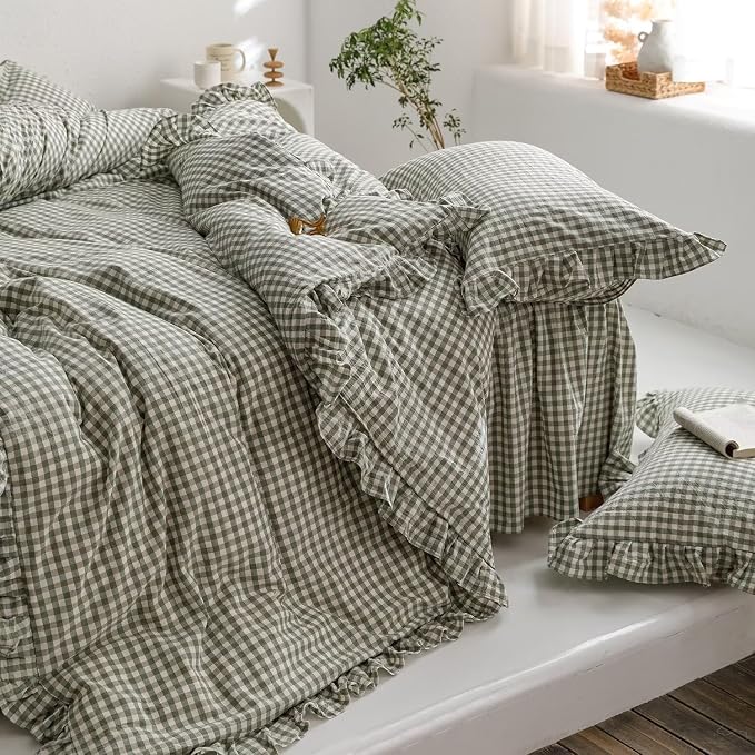 mixinni Green Gingham Ruffle Duvet Cover Twin XL Size 3 Pieces – 100% Washed Cotton, Vintage Plaid Ruffled Bedding Set with Zipper Ties, Soft Checkered Grid Farmhouse Chic Comforter Cover Set