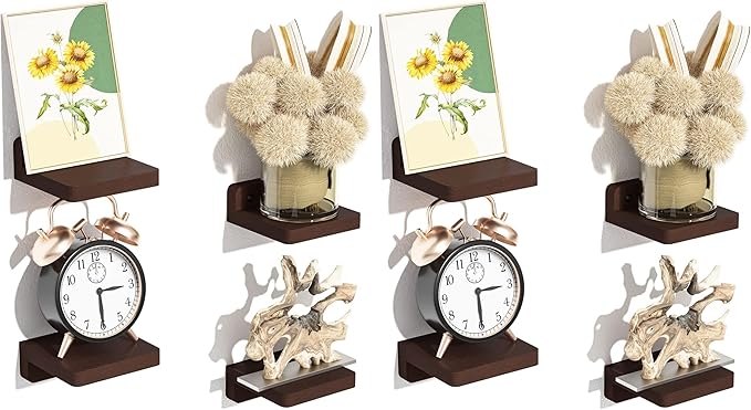 SRIWATANA Small Floating Shelves Wall Mounted, Wood Shelf for Decoration and Storage Set of 4, Mini Display Shelf for Bedroom, Bathroom, Kitchen, Office (Walnut, 4 inch) (Pack of 2)